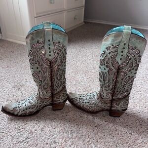 Corral Teal and Brown Heeled boots, with Glitter accents.
